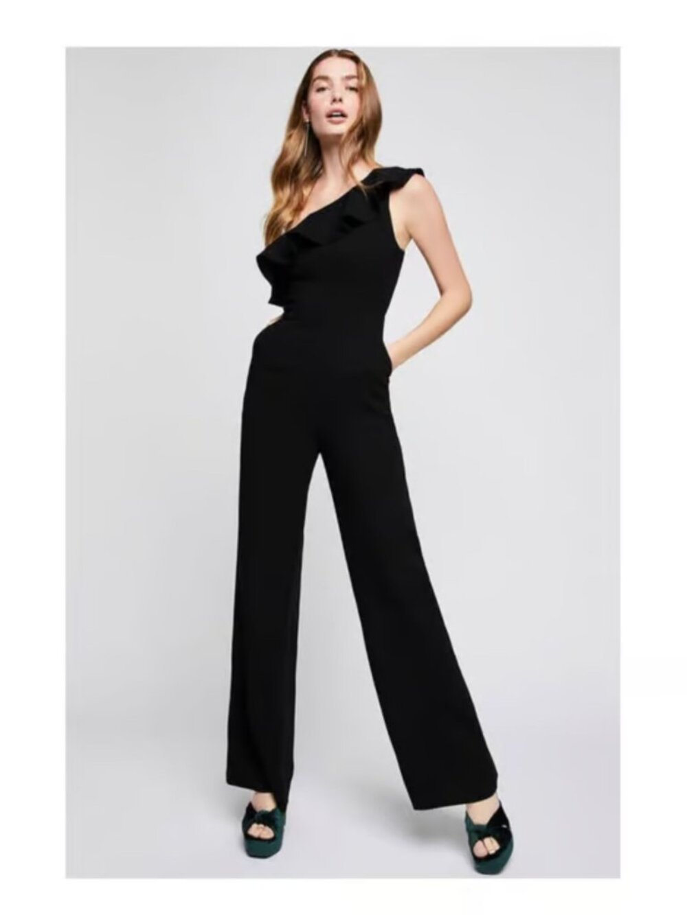 BCBGeneration Black One Shoulder Ruffle Wide Leg Jumpsuit Size 2